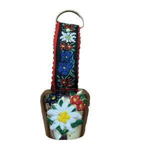 Vintage Brass Switzerland Cowbell Floral Embroidery Strap Edelweiss Folk Art